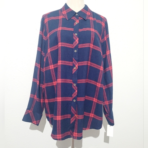NEW FOXTROT Women's Plaid Flannel Button Up Shirt Size 14 relaxed Fit - Picture 1 of 11